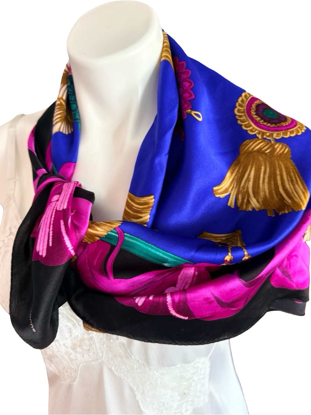 Vintage Liz Claiborne Silk Scarf Royal Blue Magenta Gold Tassel Medallion 30x30